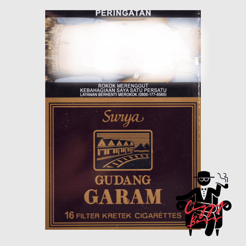 Gudang Garam Surya a pack of Gudang Garam Surya clove cigarette with Ciggyboss.com logo at the bottom right corner.