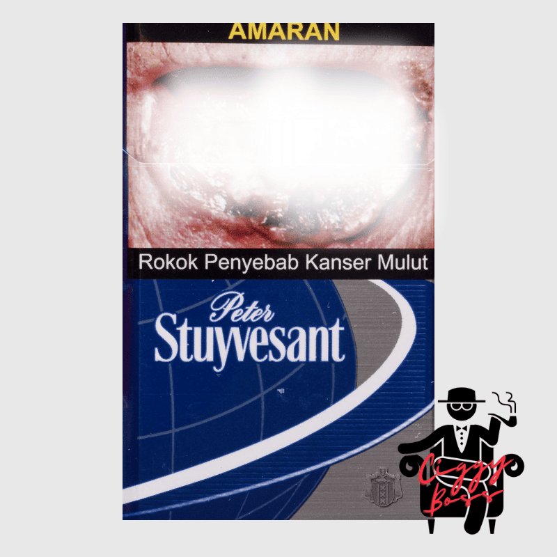 a pack of Peter Stuyvesant Blue cigarette with Ciggyboss.com logo at the bottom right corner.
